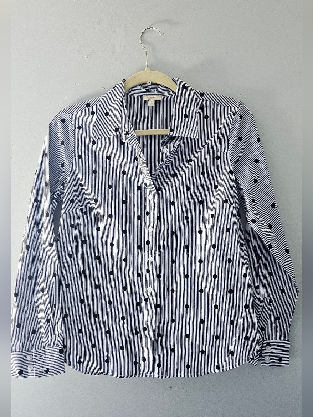 Talbots Blue and White Striped Button-Down with Navy Polka Dots